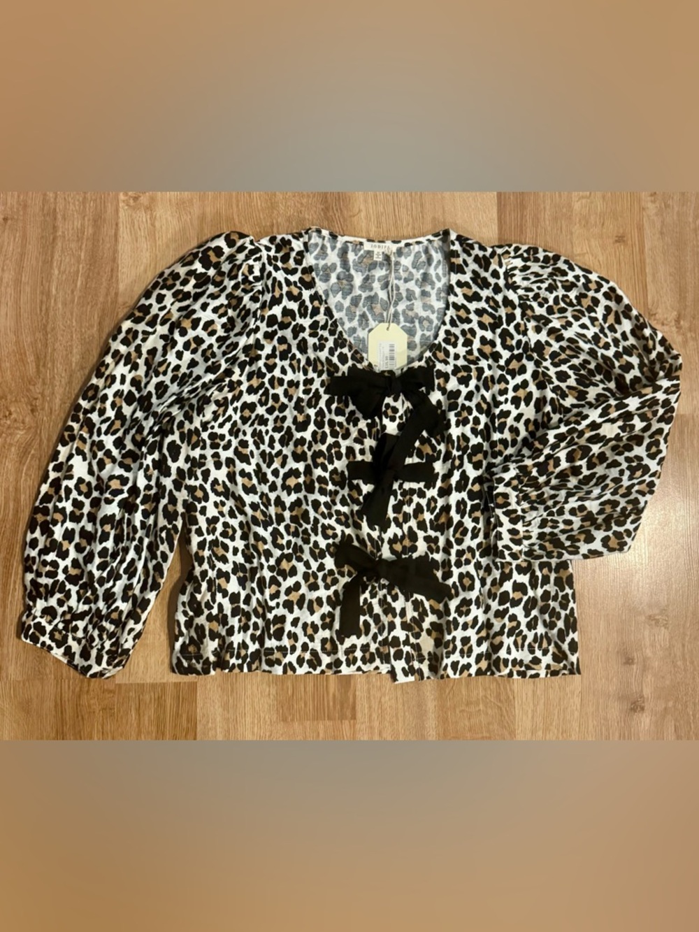 JODIFL Leopard Print Blouse with Black Ribbon Ties Sz M